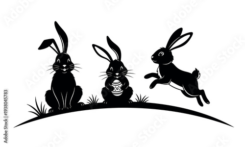 Easter sunday celebration with happy bunnies on a hill