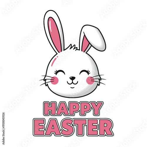 Happy easter sunday cartoon bunny face with pink cheeks and ears
