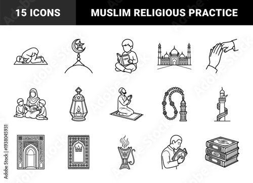 Islamic religious practice and Ramadan tradition elements featuring mosque architecture, prayer rituals, Quran reading, and cultural symbols in clean monoline art.