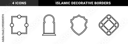Islamic architectural frames and geometric border elements featuring rub el hizb stars and arched mihrab silhouettes in monoline style.