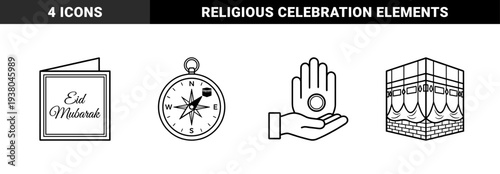 Islamic religious celebration and pilgrimage symbols in monoline style. Minimalist black and white graphics for Eid greetings, Qibla direction, and Kaaba representation.