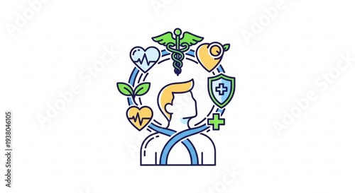 Healthcare professional surrounded by medical symbols and icons in a circular pattern