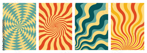 Groovy swirl pattern, abstract vector background. Funky spiral banner set with psychedelic texture, retro cards with radial distorted lines, wavy strips, trippy twisted graphic design in vintage color