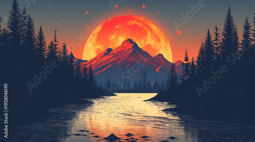 sunrise in the mountains . sale banner design free space in the center , The setting sun casts a red glow on the lake, trees, and sky.