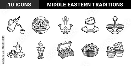 Middle Eastern hospitality and Ramadan traditions featuring dallah coffee pots, dates, and hamsa hand. Hand-drawn monoline cultural heritage elements.