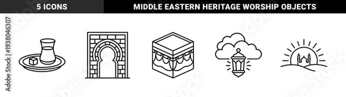 Islamic cultural heritage and religious observance symbols featuring Kaaba pilgrimage and Ramadan lantern. Minimalist monoline architectural and ritual elements.