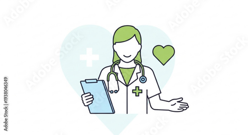 Friendly female doctor with clipboard and stethoscope smiling with heart symbol