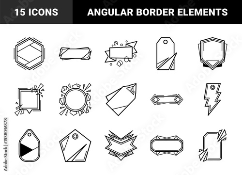 Geometric broken glass frames and abstract angular price tags. Brutalist monoline design elements for urban branding and edgy digital interface layouts.