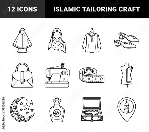 Islamic fashion and tailoring craft elements for modest lifestyle branding. Minimalist monoline pictograms featuring hijab, sewing machine, and cultural symbols.