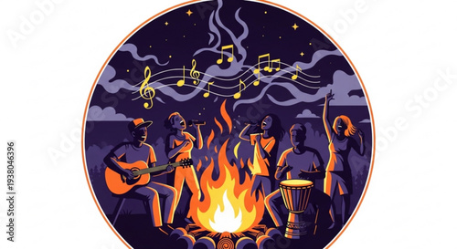 Friends gather around campfire at night to play music and sing together outdoors