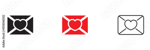 Love Letter Envelope Icons Set With Hearts. Envelopes with heart symbols representing love messages, romantic email, and Valentine communication in black, red, and outline styles.