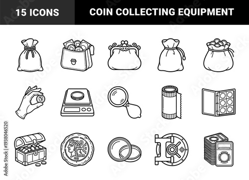 Numismatics and currency collection elements featuring ancient coins, money bags, vaults, and evaluation tools in a bold monoline aesthetic.