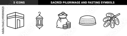 Islamic religious tradition and Ramadan celebration elements. Technical monoline pictograms featuring lantern, kaaba, zakat alms, prayer cap, and dates.