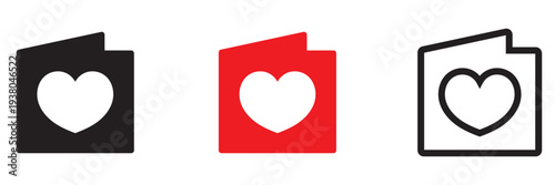 Love Letter Envelope Icons Set With Hearts. Envelopes with heart symbols representing love messages, romantic email, and Valentine communication in black, red, and outline styles.