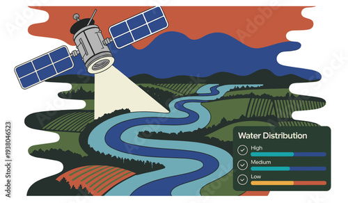 Satellite mapping farmland irrigation river network. Satellite scanning agricultural land and irrigation river network. Concept of smart farming and environmental monitoring.