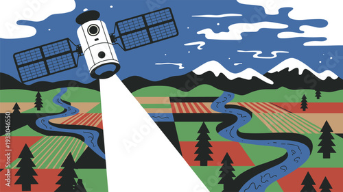 Earth observation satellite scanning river landscape. Satellite observing winding river landscape and natural environment. Concept of environmental monitoring and earth observation.