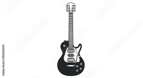 Black electric guitar with white accents and six strings musical instrument illustration