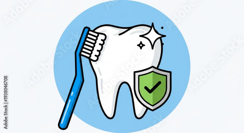 Tooth with a toothbrush and shield symbolizing dental health and protection against cavities