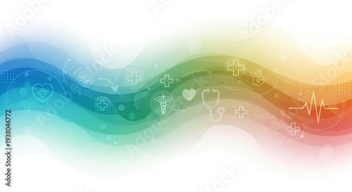 Vibrant rainbow colored wave with medical symbols and icons on white background for healthcare concepts