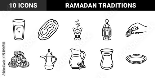 Ramadan traditions and Middle Eastern hospitality elements featuring dates, Arabic coffee pot, lantern, and incense burner in clean monoline aesthetic.