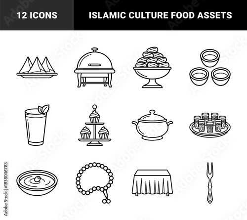 Ramadan Kareem and Iftar celebration elements in monoline style. Traditional Islamic culture symbols featuring dates, samosas, prayer beads, and buffet catering.