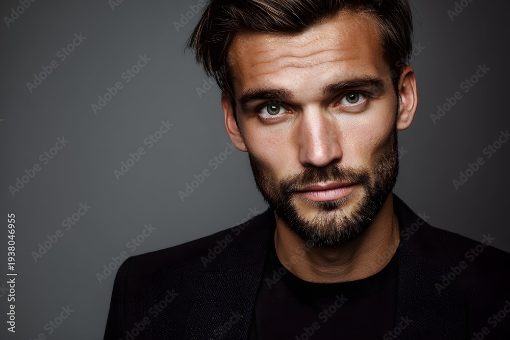 Fototapeta premium Harald's striking, confident man with piercing eyes and sharp features in sleek modern clothing.