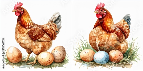 Brown hens with farm eggs painted in soft watercolor style showing rustic domestic chickens and fresh eggs isolated on clean white background