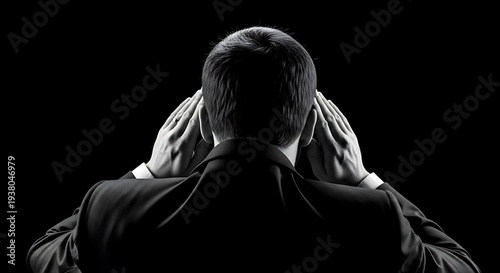 A man in a suit, seen from behind, covers his ears, silhouetted against black