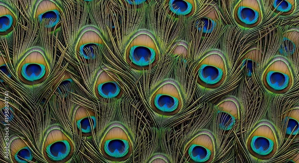 Fototapeta premium Peacock feather pattern background with multiple layered feathers, vibrant iridescent colors creating decorative natural texture.