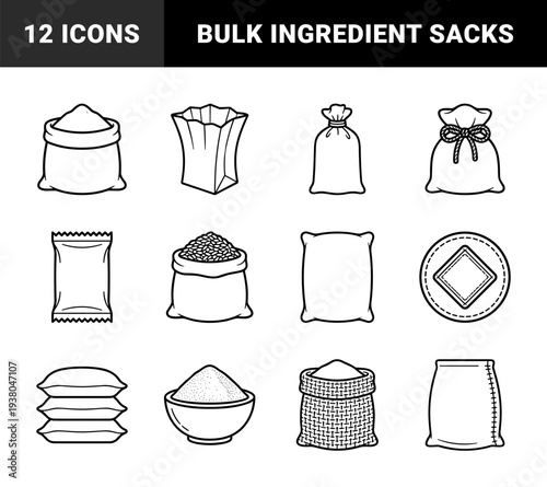 Burlap sacks and bulk food packaging elements in bold monoline style. Minimalist line art depicting grain bags, flour pouches, and dry ingredient storage.