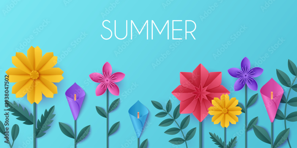 Obraz premium 3D spring paper flower vector background. Blooming origami meadow with green grass, cheerful papercut border for seasonal designs, summer cute garden landscape, floral backdrop