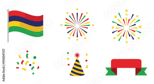 Mauritius independence day celebration icons with flag fireworks confetti and party hat