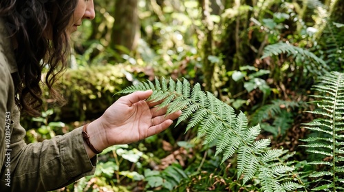 Exploring Nature: Hand Gently Touching Fern in Lush Woodland


