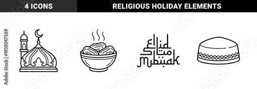 Islamic religious celebration and Ramadan traditions featuring mosque architecture, prayer cap, dates bowl, and Eid Mubarak calligraphy in monoline black and white.