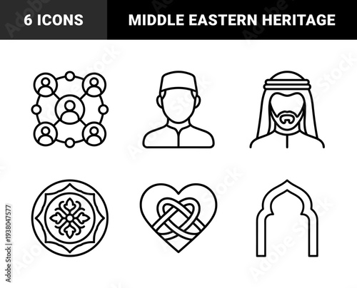 Islamic cultural heritage and community connection monolinear symbols. Middle Eastern identity motifs featuring traditional attire and geometric architectural patterns.