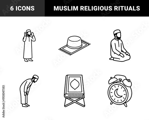 Islamic religious practice and daily prayer routine elements. Minimalist monoline illustrations featuring salat positions, holy quran, and prayer time reminders.