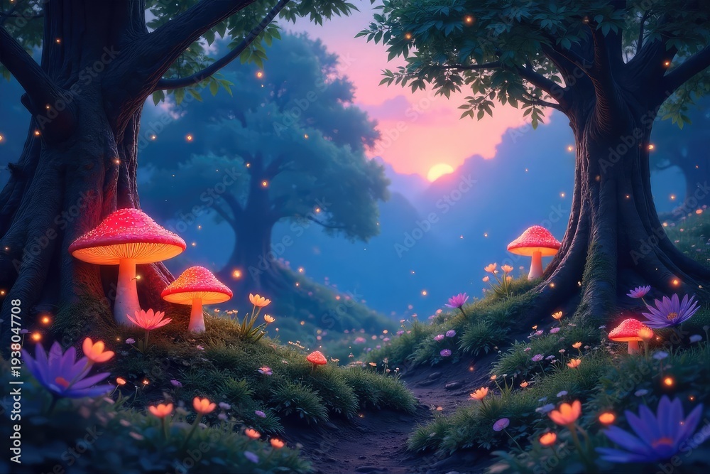 Obraz premium A mystical garden at twilight, glowing flora, whimsical mushrooms, sparkling dew, and fireflies dancing among ancient trees An ethereal, dreamlike atmosphere , sprite, toadstools