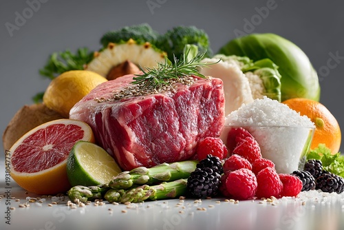 omnivore layout showcasing fruits vegetables meat and grains on a white studio background.