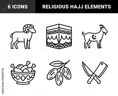 Islamic pilgrimage and religious sacrifice symbols in a clean monoline style. Minimalist black line drawings of Kaaba, sacrificial animals, and traditional dates for Eid al-Adha and Hajj.