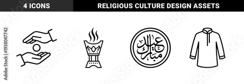 Islamic holiday celebration and cultural traditions. Minimalist monoline symbols featuring zakat charity, oud incense burner, Eid Mubarak calligraphy, and thobe tunic.