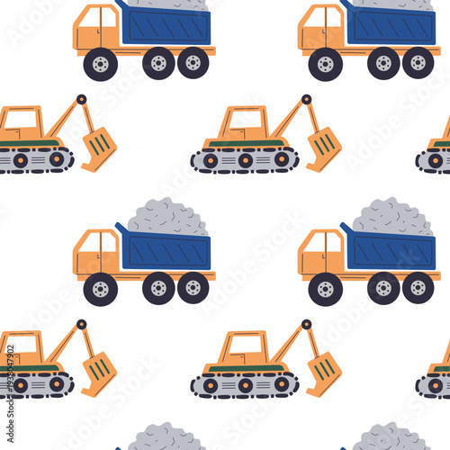 Seamless pattern with yellow track excavators and blue dump trucks on white background. Construction machine's design for nursery decor and wallpaper, kids textile, and boys apparel.