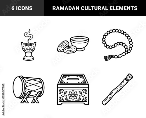 Ramadan cultural traditions and Islamic religious observance elements. Minimalist bold line art featuring dates, prayer beads, incense, and charity box.