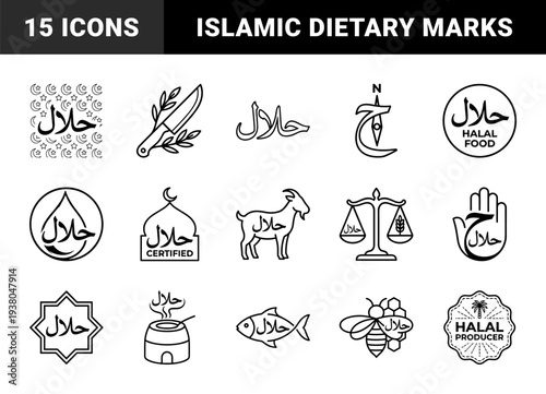 Halal certification marks and Islamic dietary compliance symbols. Minimalist monoline graphic elements representing permissible food, ritual slaughter, and religious standards.