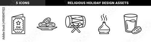 Ramadan and Eid Mubarak religious celebration elements for cultural greeting cards. Monoline black and white line art featuring traditional dates, drum, and prayer incense.