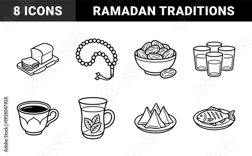 Ramadan and Iftar tradition elements in monoline aesthetic featuring dates, prayer beads, tea, and savory snacks for cultural storytelling.