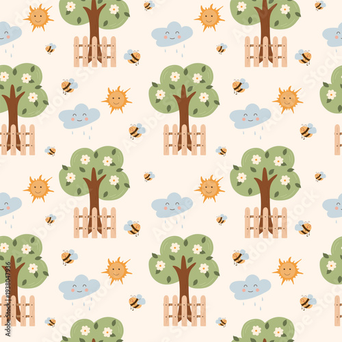 Seamless pattern with flowering trees, cute bees, rain clouds and sun on beige background. Kids garden design for nursery decor, kids textile, and seasonal apparel.