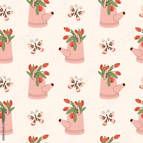 Seamless pattern with pink watering cans full of red tulips and flying butterflies on beige background. Modern aesthetic garden wallpaper for nursery decor and spring textile.