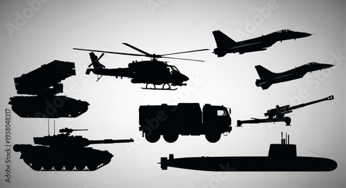 Collection of military vehicle silhouettes including tanks and aircraft.