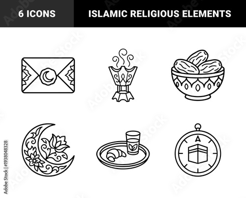 Ramadan cultural traditions and Islamic religious observance elements. Elegant floral monoline pictograms featuring dates, incense, qibla compass, and crescent moon.