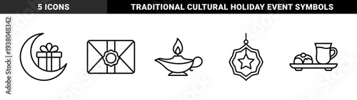 Ramadan and Eid celebration elements in chunky monoline style. Festive cultural graphics featuring crescent moon gift, sealed envelope, oil lamp, and traditional tea.